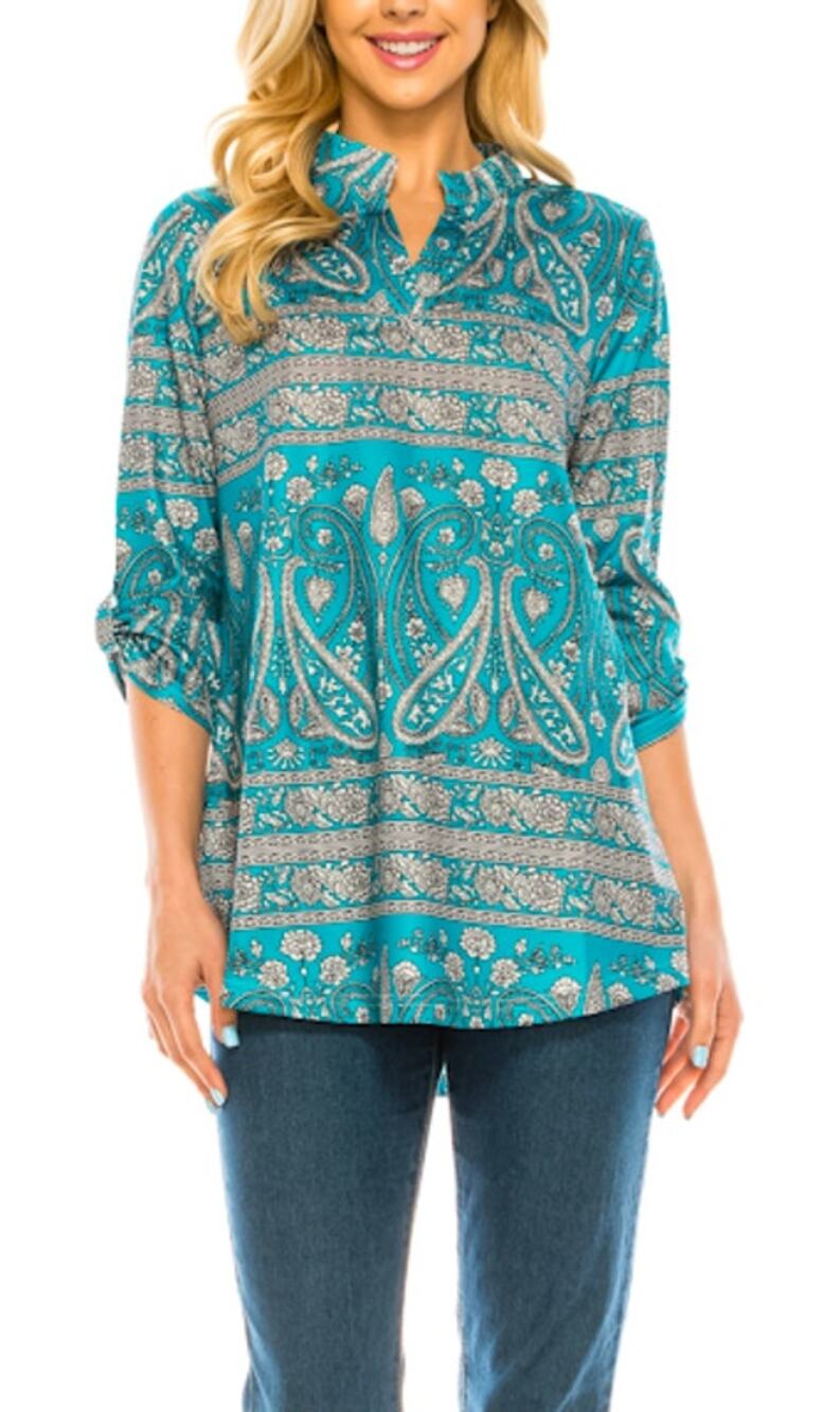 HAUTE EDITION Women's 3/4 Sleeve Tunic Top turquois gray pattern XL NWT